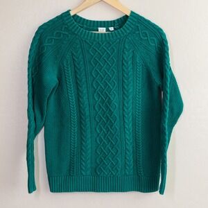 GAP Cable Knit Fisherman Crewneck Sweater Jewel Green Raglan‎ Women's M Cotton